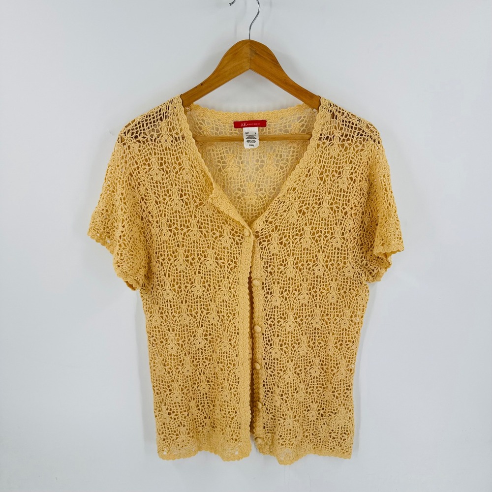 Vintage Crochet Mercerized Cotton Cardigan Size L Boho Grandma Spring Coastal - Picture 6 of 6